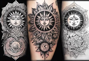 Full sleeve tattoo with large outlines that has the sun and moon intertwined with the 7 chakra symbols that perfectly embodies the divine feminine tattoo idea