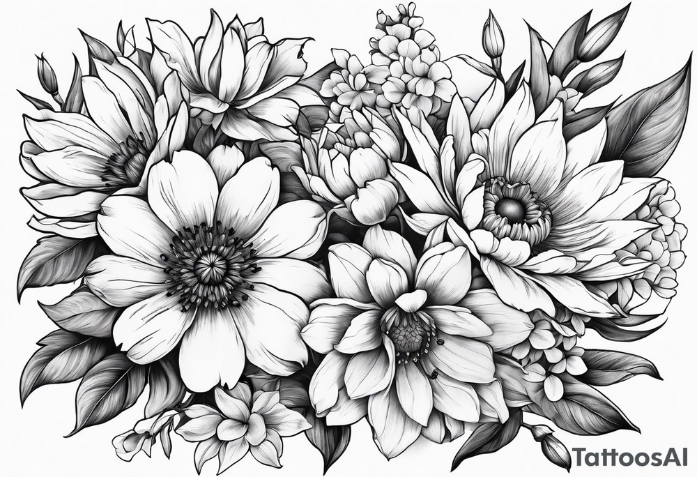 Floral design cherry blossom, peony, sunflower, tulip, lily tattoo idea