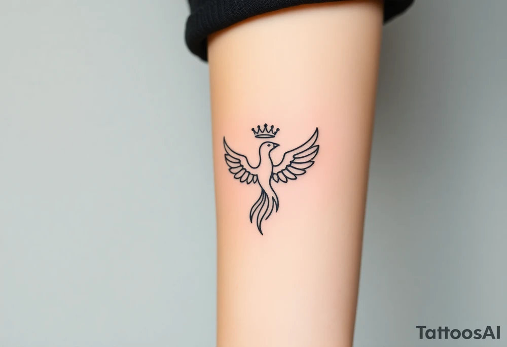 Minimal phoenix and crown fine lines tattoo idea