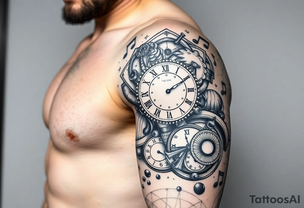 I want to create a sleeve for my left arm with elements if time and music and the dates 19.04.2019 and 28.01.2022 in Roman numerals tattoo idea