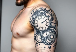 I want to create a sleeve for my left arm with elements if time and music and the dates 19.04.2019 and 28.01.2022 in Roman numerals tattoo idea