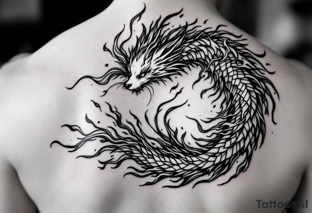 feminine kitsune, the tails flow and end looking like flames. tattoo idea