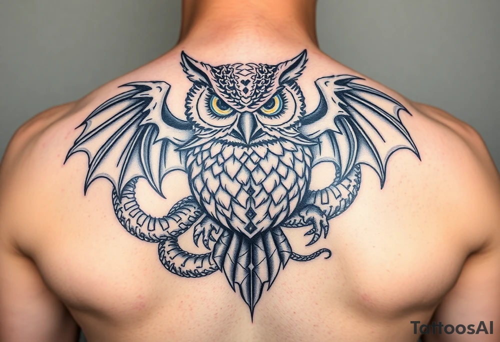 Magnetic owl surrounded by beautiful dragon tattoo idea