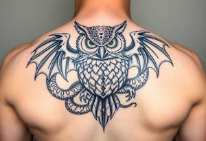 Magnetic owl surrounded by beautiful dragon tattoo idea