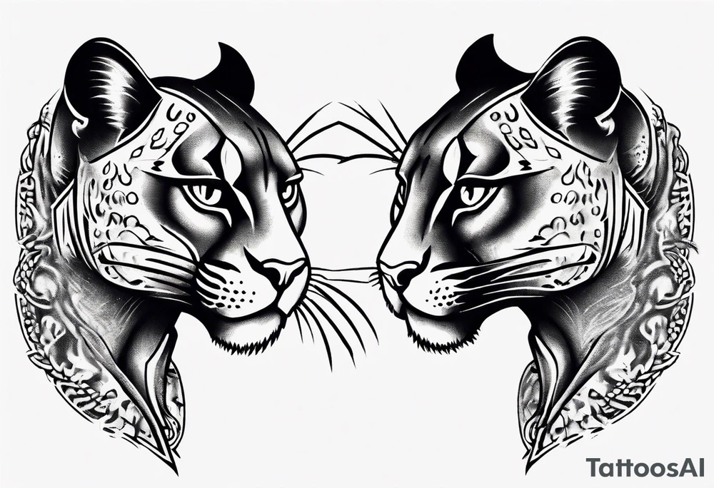 Two black pumas walking past each other and looking at each other, seen from above tattoo idea