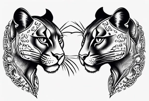 Two black pumas walking past each other and looking at each other, seen from above tattoo idea