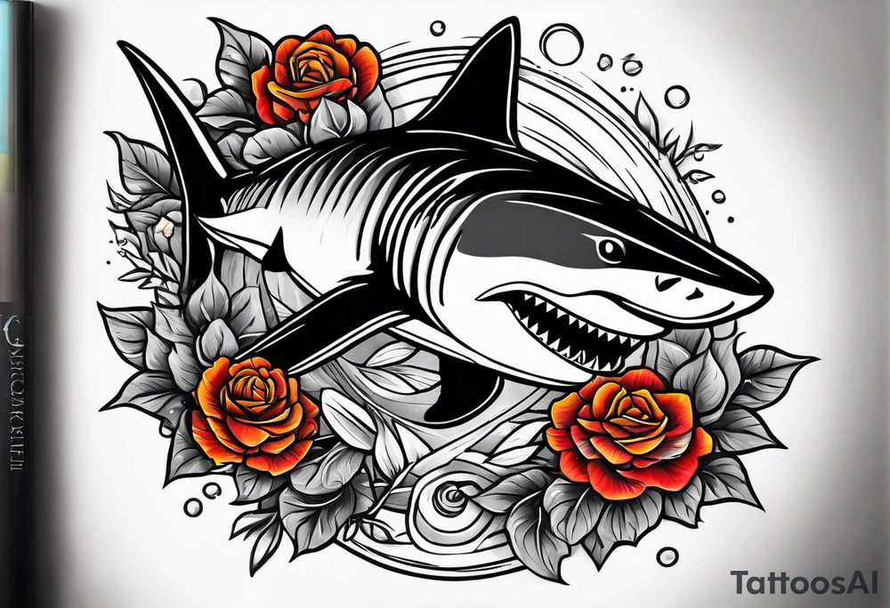 A fierce shark 
swimming upwards on a forearm, surrounded by vibrant roses, marigolds, and scattered shurikens. Include subtle shading and water elements for depth and movement. Flowers (roses, marigolds) should organically frame the shark and potentially wrap around its body. tattoo idea