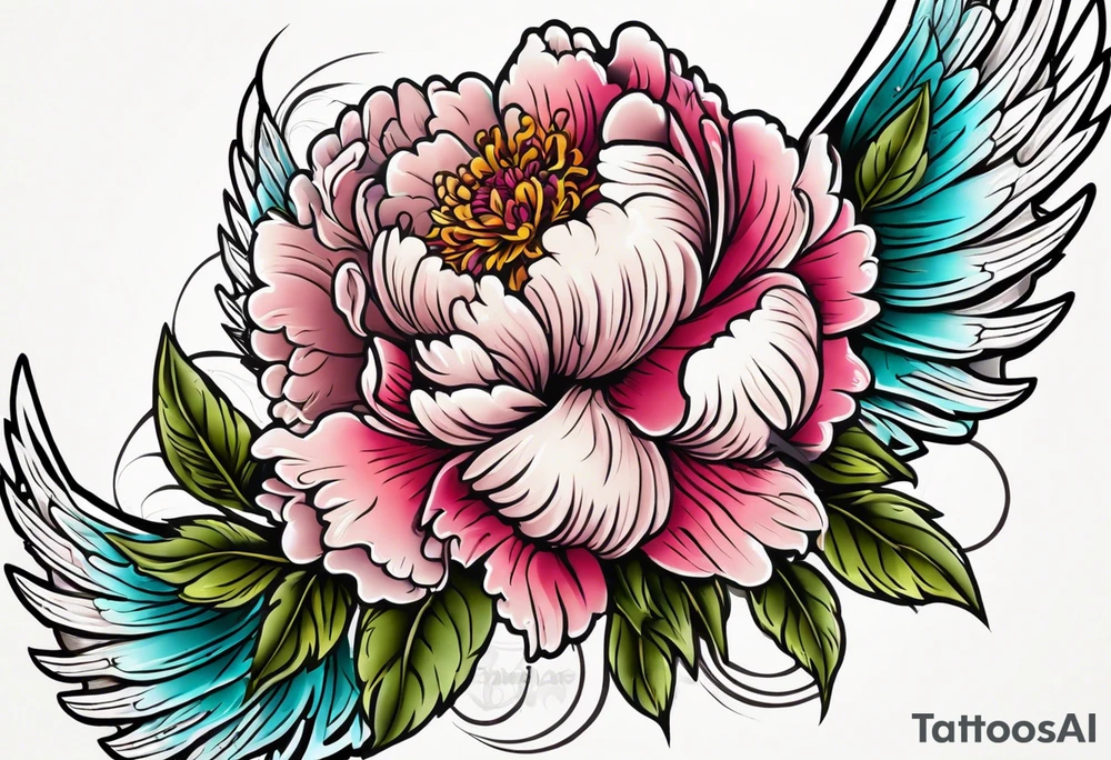 beautiful angel wings with colorful, peonies. beautiful flilligree in the background , full color, traditional old school , white background tattoo idea