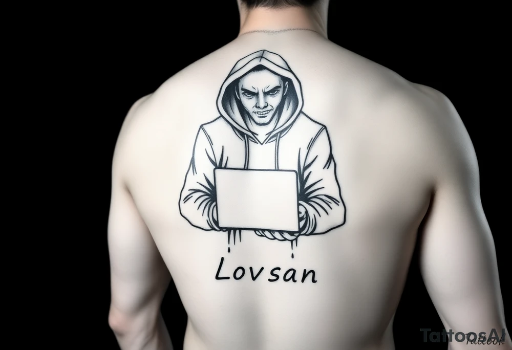 Create a Image of Guy in a hoodie with laptop, like hacking, can you Make IT small so IT fits IT leg, ADD some like Matrix text that says Lovsan. tattoo idea