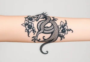 un dragon central entouré de fleurs de lys de style avec des ombrages dans un style assez fin tattoo idea