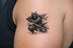 Full body samurai warrior in black and grey, mask prominent, dynamic battle pose, muted tones. tattoo idea