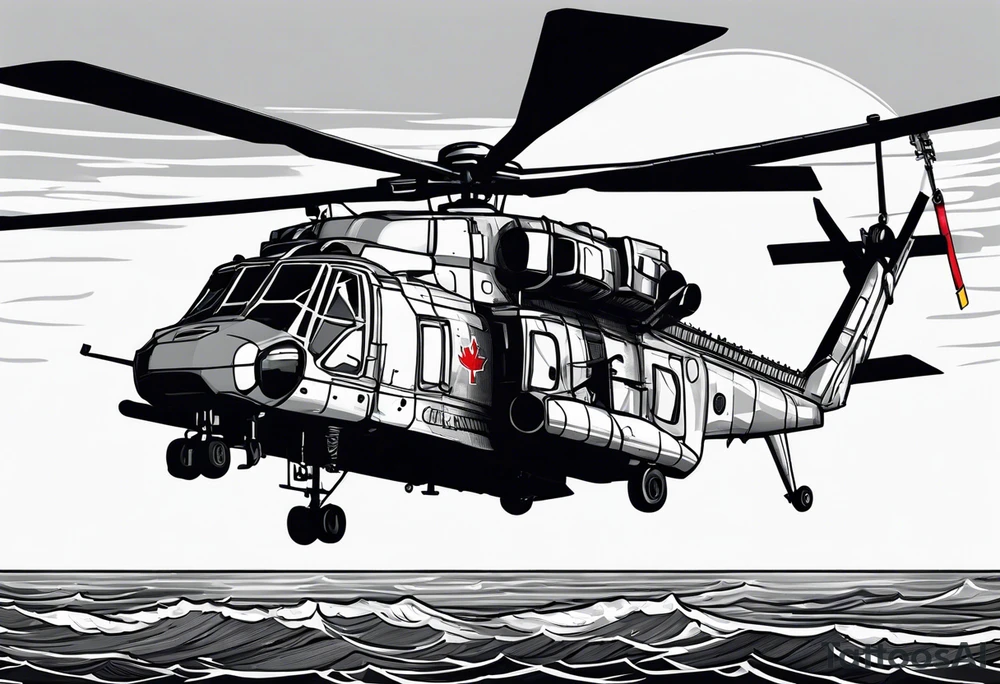 canadian military grey helicopter cyclone CH-148, a helicopter flying over rough sea, military art, ocean specular, highly detailed background, detailed 4 k drawing tattoo idea
