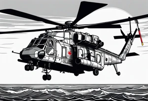canadian military grey helicopter cyclone CH-148, a helicopter flying over rough sea, military art, ocean specular, highly detailed background, detailed 4 k drawing tattoo idea