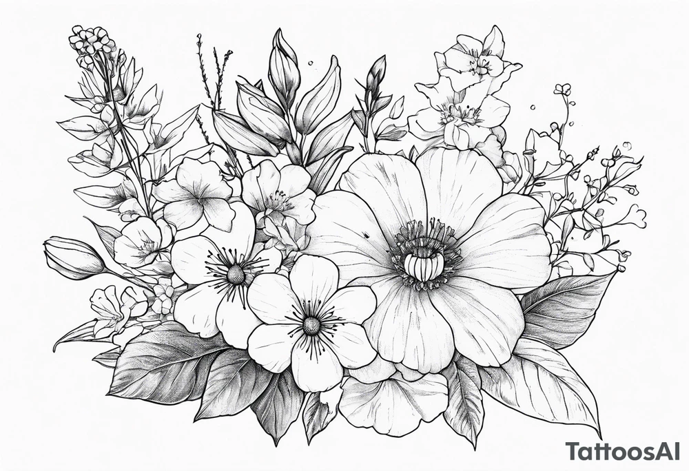 Small, fine line Birth flower bouquet with violets, larkspur, aster, morning glory tattoo idea