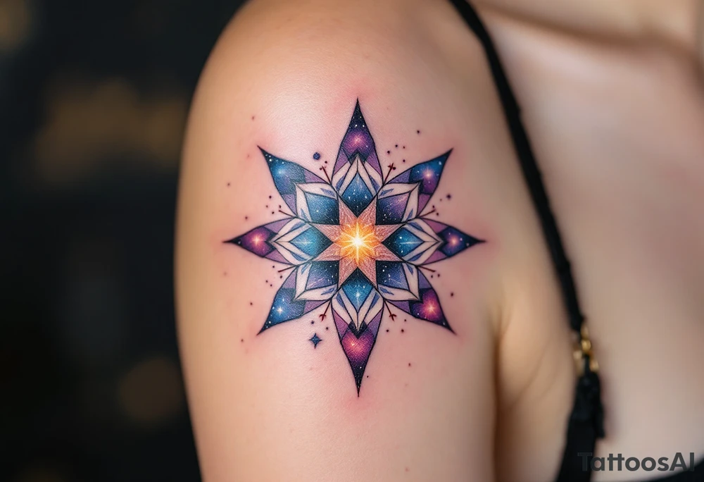 A galaxy-inspired eight-pointed star tattoo sparkles with cosmic wonder and expansion. tattoo idea