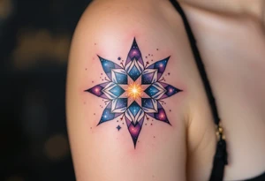A galaxy-inspired eight-pointed star tattoo sparkles with cosmic wonder and expansion. tattoo idea