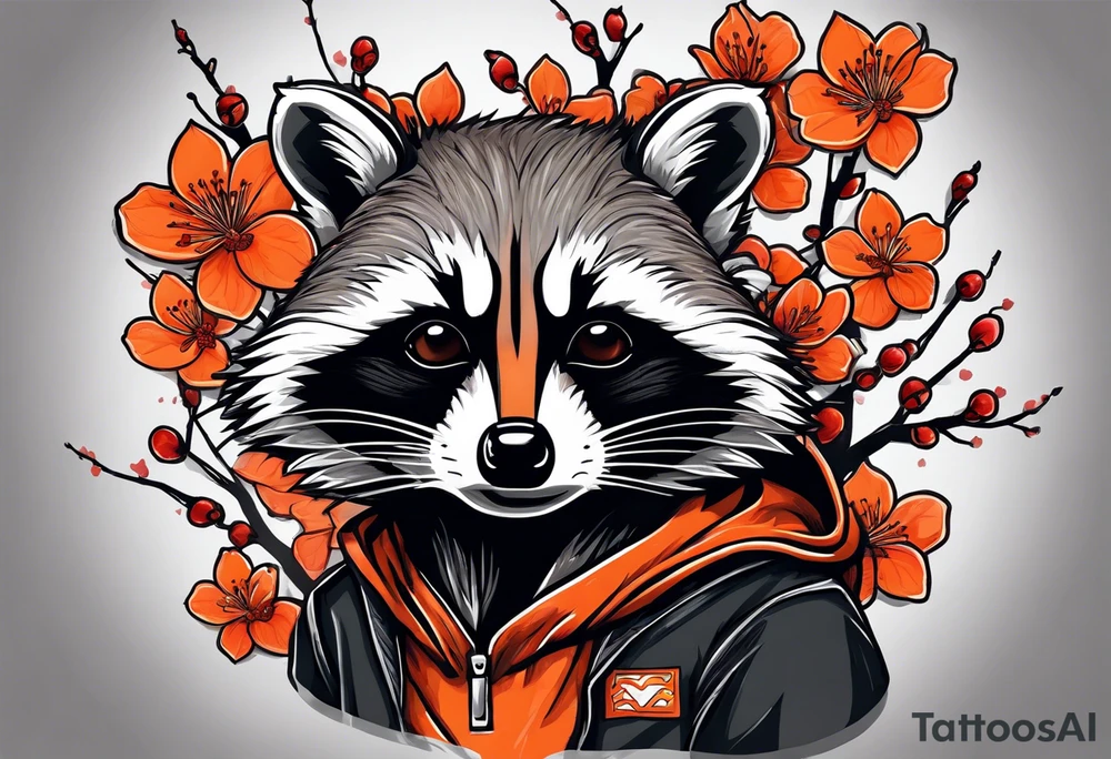 Raccoon wearing a white Superman logo on a black hoodie and orange Japanese cherry blossoms beside tattoo idea