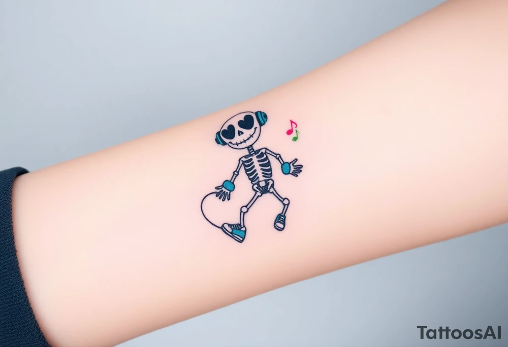 Funny smiley skeleton with love shape in his eyes jumping on a jump rope with blue headphones and blue armbands and blue sneakers with colorful music notes around his head tattoo idea