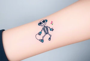 Funny smiley skeleton with love shape in his eyes jumping on a jump rope with blue headphones and blue armbands and blue sneakers with colorful music notes around his head tattoo idea