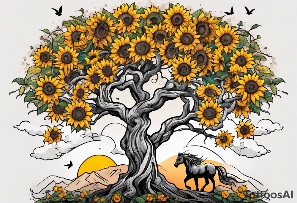 Yggdrasil tree, horse in front of it, and sunflowers tattoo idea