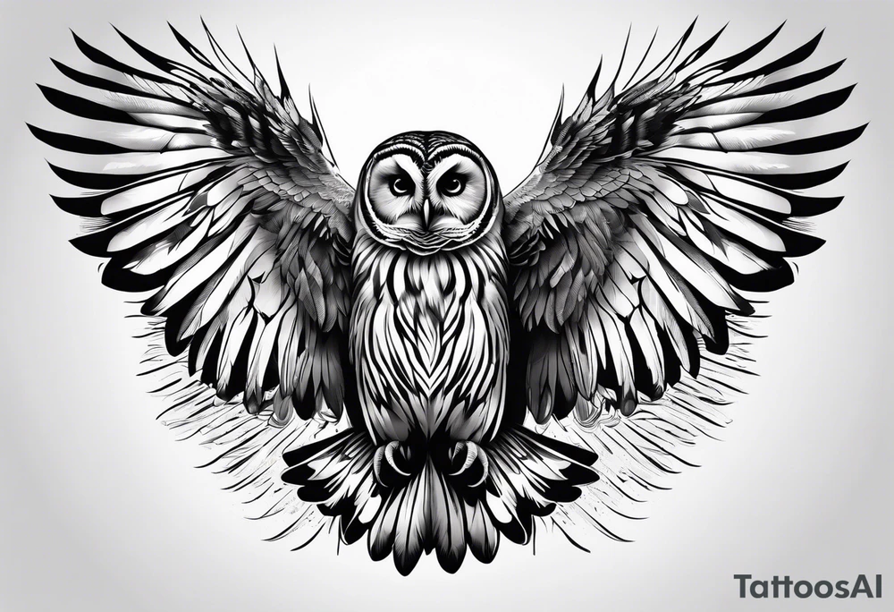 barred owl with wings fully extended looking straight on tattoo idea