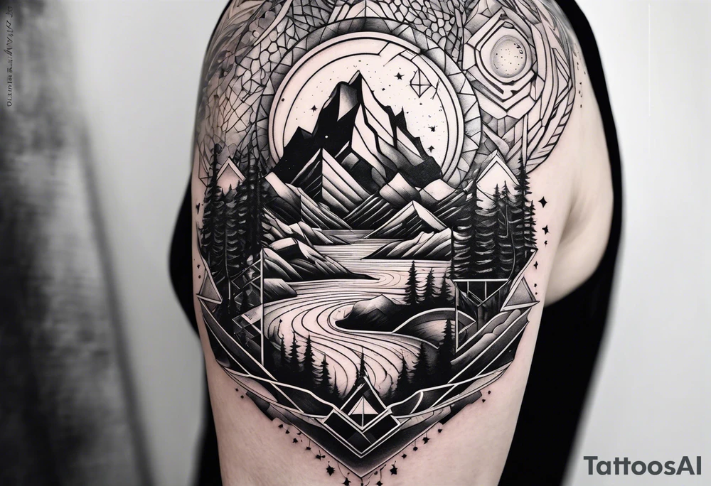 geometric half sleeve tatoo, space, nature tattoo idea