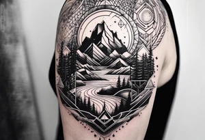 geometric half sleeve tatoo, space, nature tattoo idea