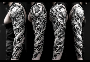 Japanese style, warrior mask biting the tail of a dragon and on the other side has a japanese warrior/ samurai tattoo idea