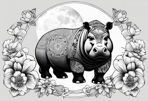 Very asymmetrical, +geometric pattern, with realistic full moon, with seeious looking hippo, +zen feel, + Buddhism touch,
with wintersweet flower bud, +portrait orientation, +inkart touch, tattoo idea