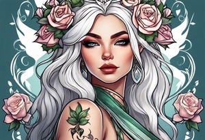 elf princess with white hair, roses, and tattoos under her eyes tattoo idea