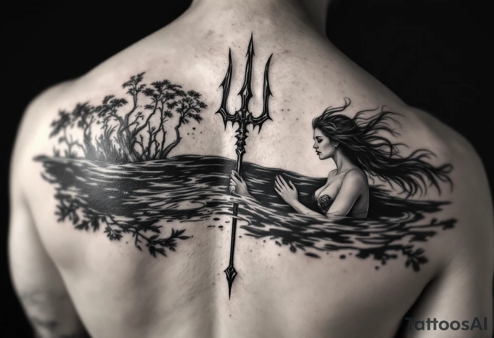 trident half way under calm water with mermaid tattoo idea