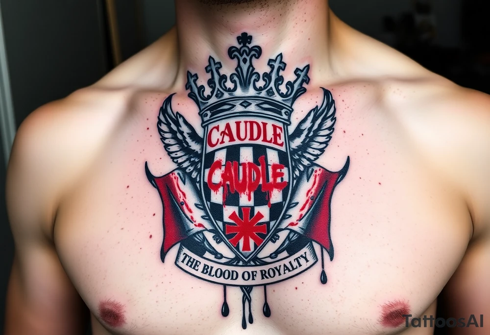 Men Doom Crest  with A Giant King Crown, CAUDLE written inside red, a chessboard, blood splatter on top of two red racing flags & OTF inside, The Words The Blood Of Royalty in red underneath the crest & 🌍 symbol in red outside of the crest, And raining blood drops, Jets/Airplanes/Helicopters/explosives tattoo idea