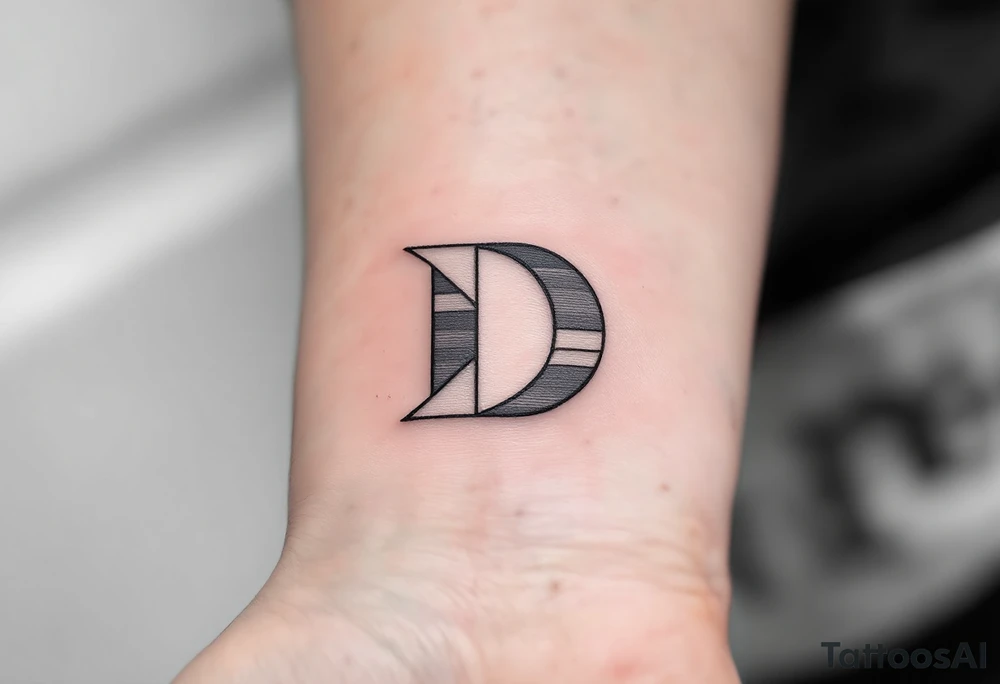Minimalist Geometric D – A clean, thin-line letter D made from sharp black lines and accented with soft gray shadows. tattoo idea