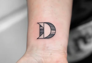 Minimalist Geometric D – A clean, thin-line letter D made from sharp black lines and accented with soft gray shadows. tattoo idea