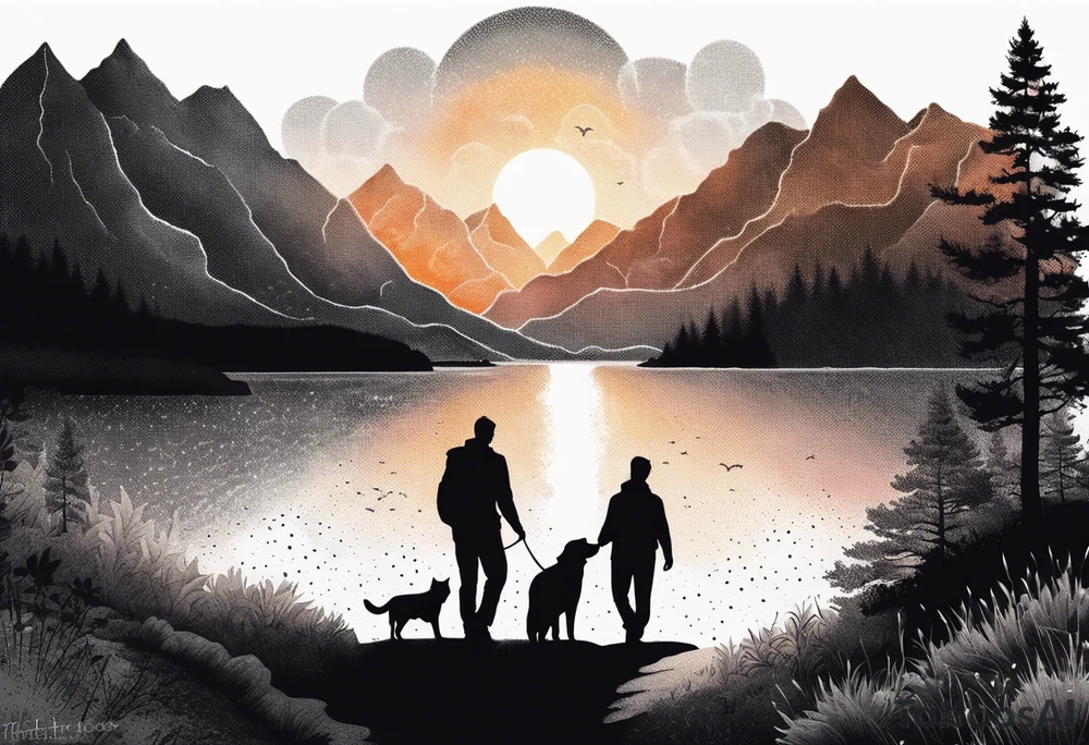 nature, sunset, mountains, a father and son hiking with their dog and cat 
by the water tattoo idea