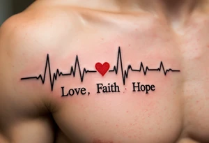 "Love, Faith, Hope" formed by a single black line connecting into a heartbeat waveform with red accents. tattoo idea