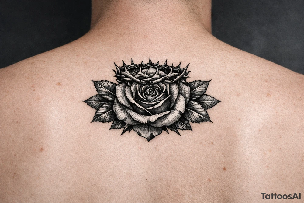 Red rose, no stem, leaves , American traditional style
Put something on top like a crown shaped thorns 
Old school style 
Add leaves tattoo idea