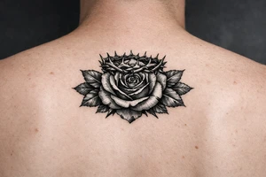 Red rose, no stem, leaves , American traditional style
Put something on top like a crown shaped thorns 
Old school style 
Add leaves tattoo idea