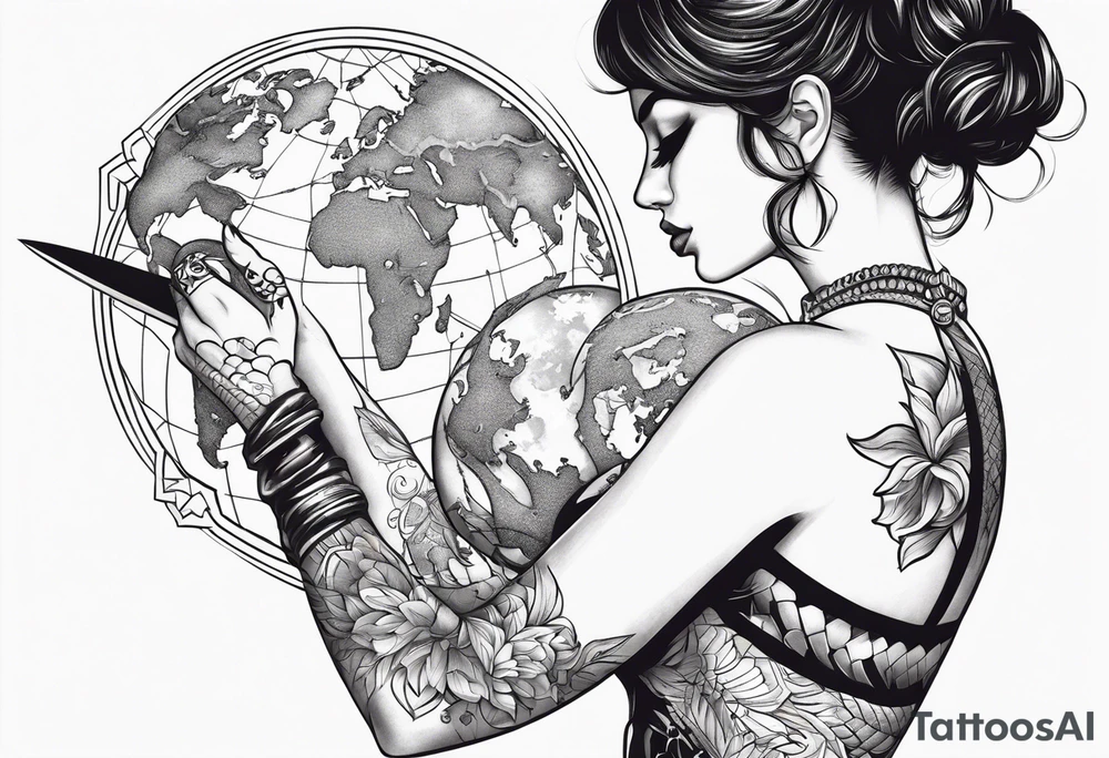 A women looking at a sword holding earth in her hand with snake around her arm tattoo idea