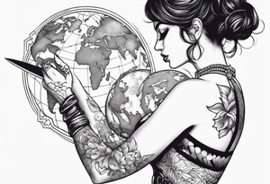 A women looking at a sword holding earth in her hand with snake around her arm tattoo idea