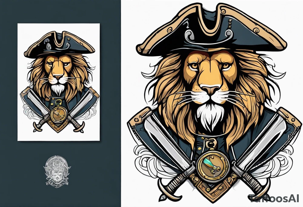 Pirate lion wearing jacket, sword and pistol, nautical steampunk theme. dreadlocks. pirate vessel tattoo idea