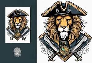 Pirate lion wearing jacket, sword and pistol, nautical steampunk theme. dreadlocks. pirate vessel tattoo idea