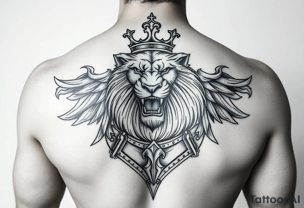 I have my name in fancy letters on my chest with a crown. I'd like to ad a left should tattoo of a roaring lion, and i want it to be a coat of armor. Kingly and heavenly armor tattoo idea