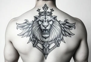 I have my name in fancy letters on my chest with a crown. I'd like to ad a left should tattoo of a roaring lion, and i want it to be a coat of armor. Kingly and heavenly armor tattoo idea