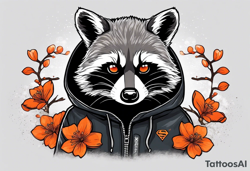 Raccoon wearing a white Superman logo on a black hoodie and orange Japanese cherry blossoms beside tattoo idea