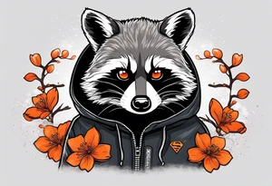 Raccoon wearing a white Superman logo on a black hoodie and orange Japanese cherry blossoms beside tattoo idea
