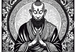 Monk head facing down seriously meditating while doing namaste hand full body tattoo idea