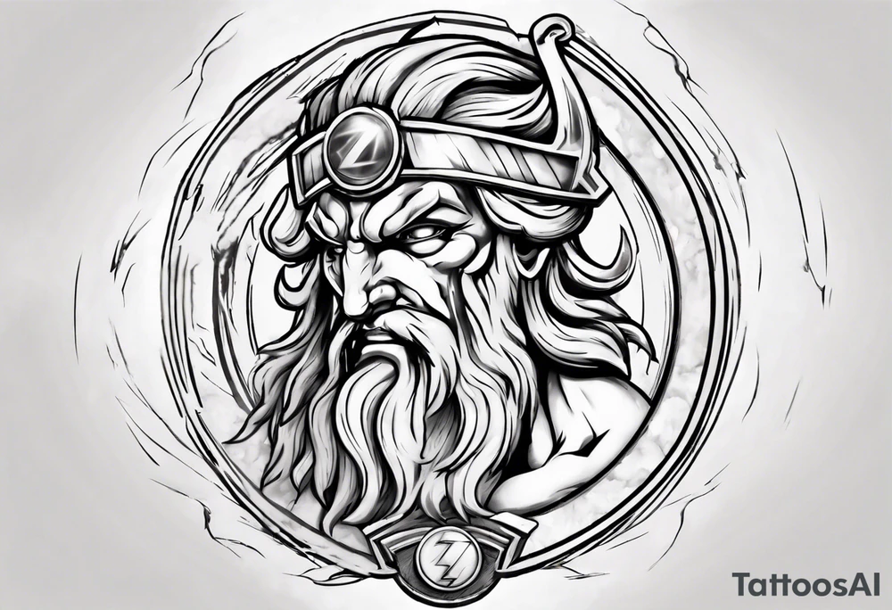 zeus with lightnings coming out of the eyes with spartan shield in background tattoo idea