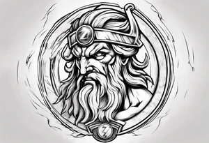 zeus with lightnings coming out of the eyes with spartan shield in background tattoo idea