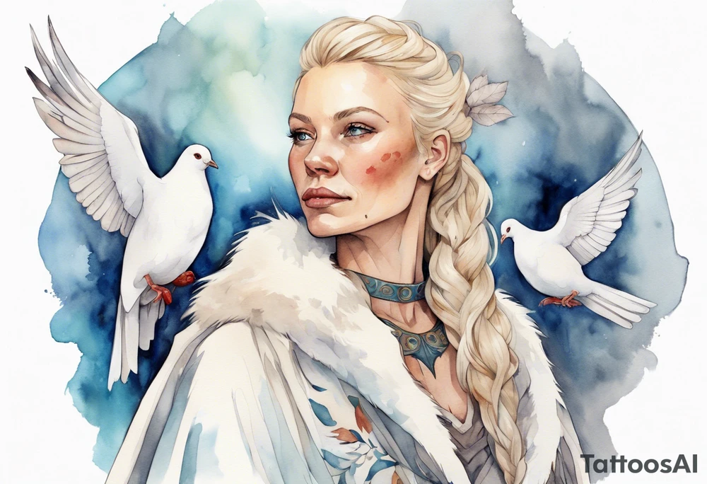 a 40-year-old Norse woman with blonde  hair wearing a white fur cloak with a dove on her shoulders tattoo idea